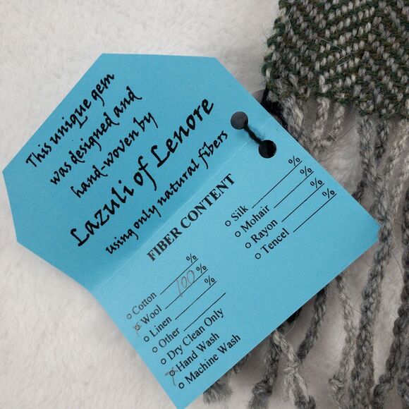 Wool Scarf Green Gray Handmade In Montana Fringe Rectangular Lazuli Of Lenore - Picture 6 of 11